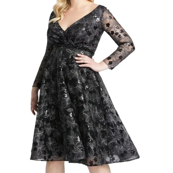 Mac Duggal Black Long Sleeve Illusion Sequin Embroidered Midi Dress